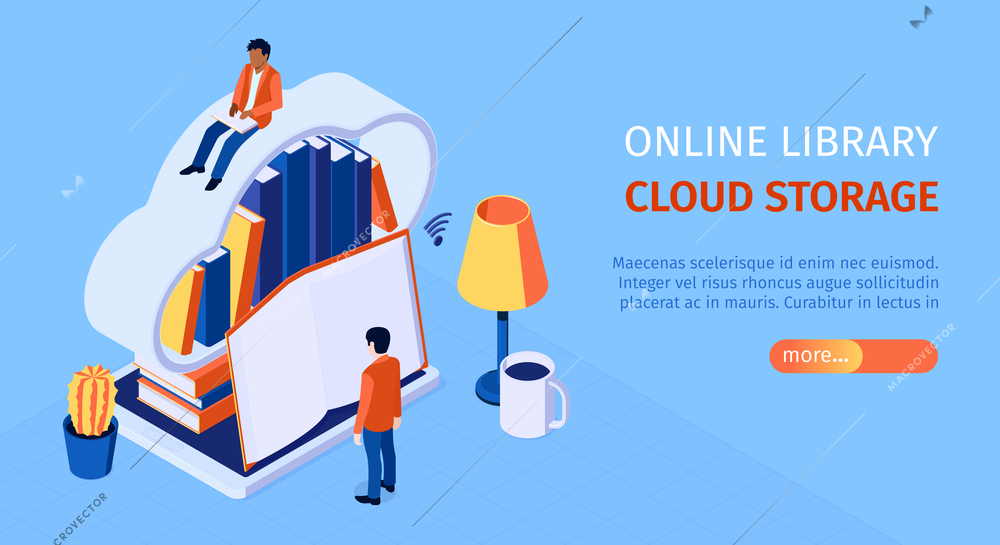 Online library landing page isometric horizontal web banner with user reading on cloud virtual bookshelf storage vector illustration