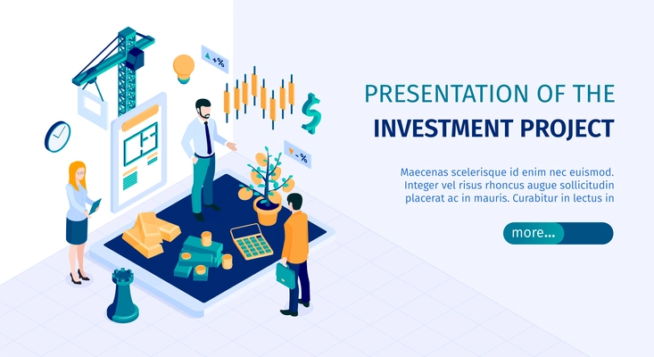 Investment decisions horizontal isometric web banner with entrepreneur making profitable building construction project presentation vector illustration