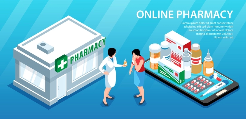 Isometric pharmacy horizontal background composition of editable text pharmacy building pharmaceutical drugs on smartphone and people vector illustration