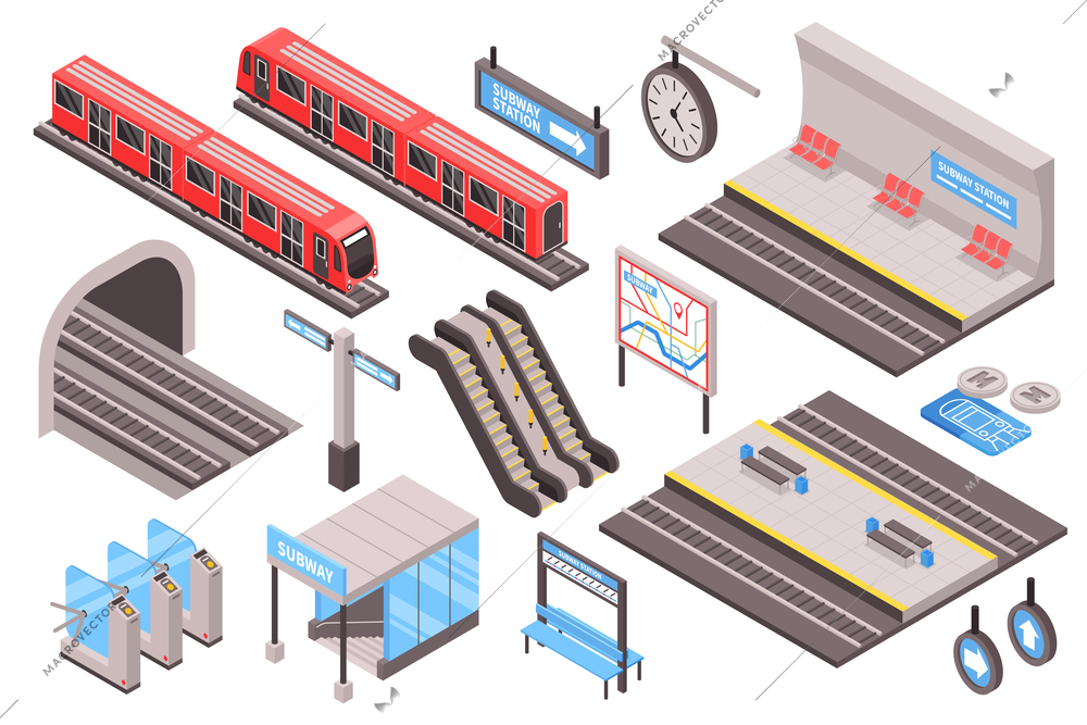 Subway isometric set with metro transportation symbols isolated vector illustration