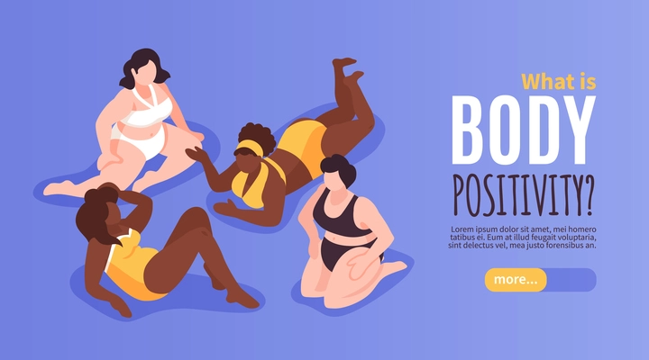 Body positive banner with cheerful multicultural people isometric vector illustration