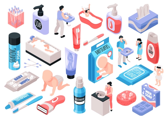 Personal family hygiene set with soap and foam isometric isolated vector illustration