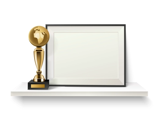 Trophy and frame realistic composition with horizontal diploma frame and golden award with earth globe vector illustration