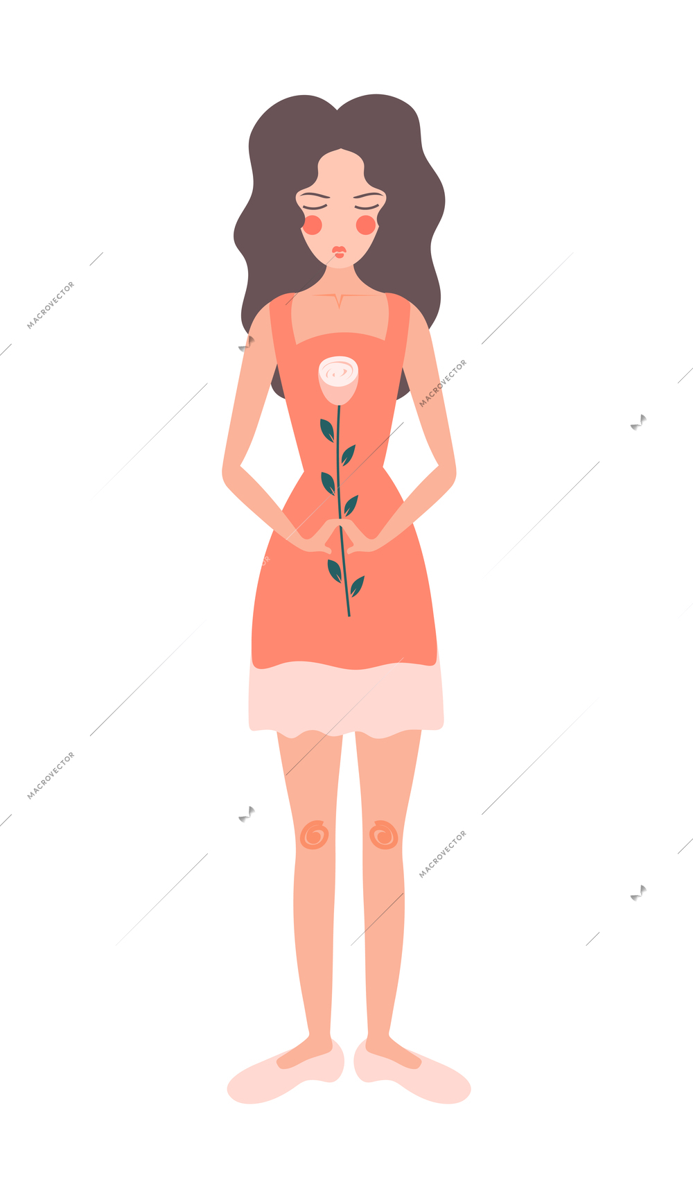 Flower girls flat composition with doodle character of woman holding flower in her arms vector illustration