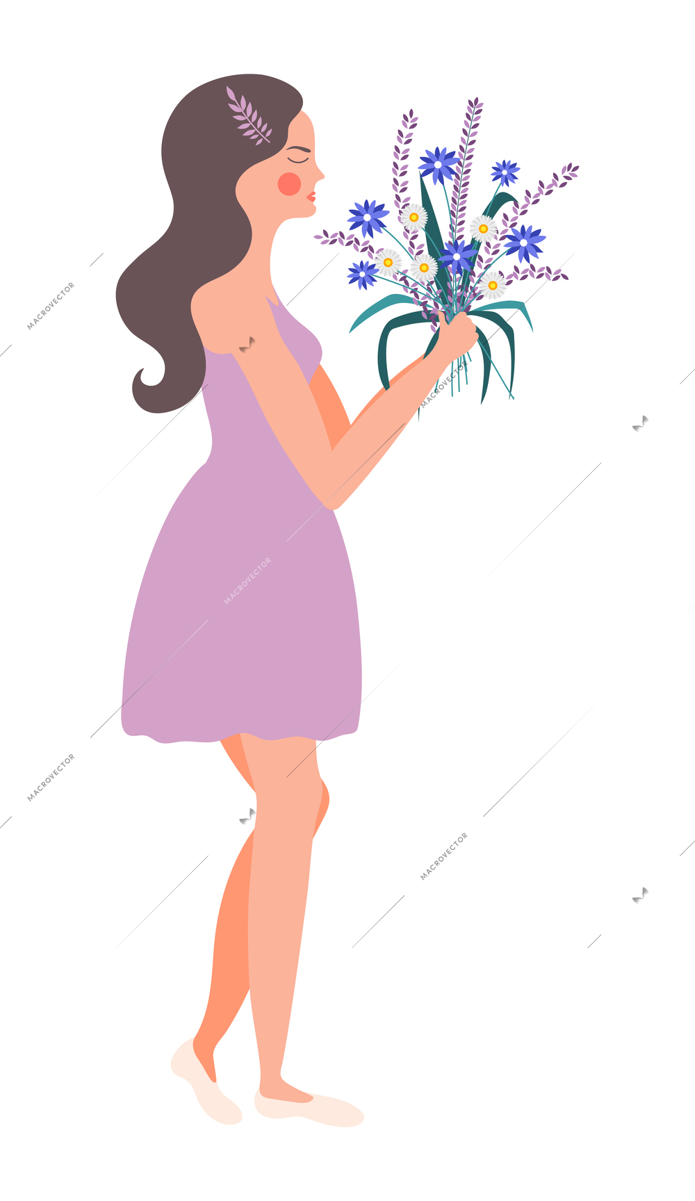 Flower girls flat composition with blossom on spring flowers held by female character vector illustration