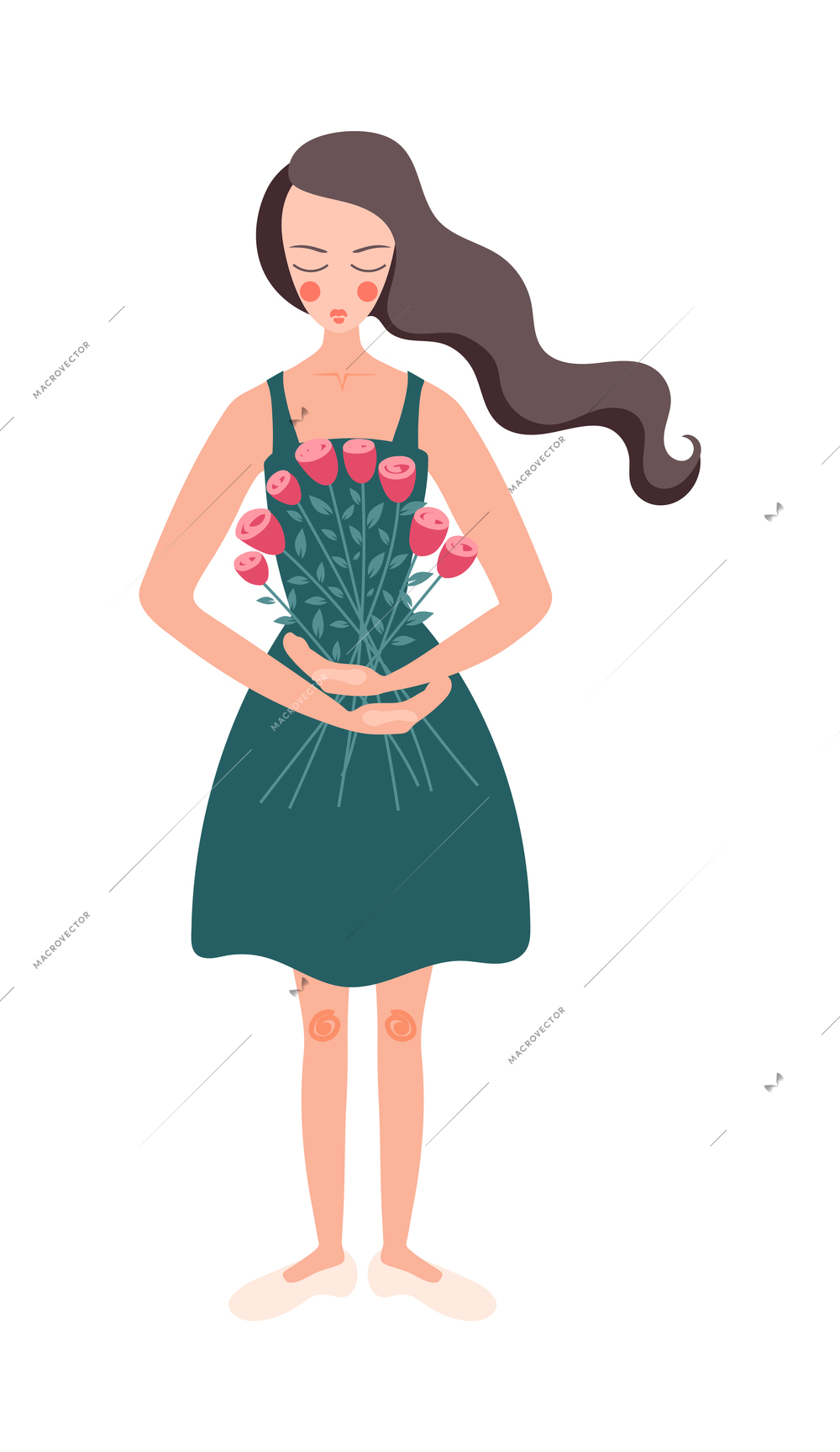 Flower girls flat composition with character of women with loose hair holding bunch of flowers vector illustration