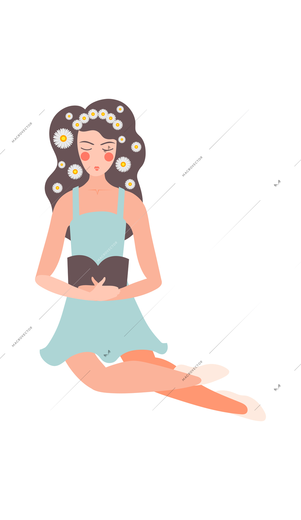 Flower girls flat composition with character of woman with flowers in hair reading book vector illustration