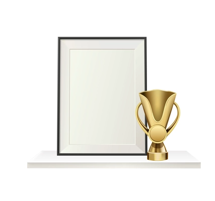 Trophy and frame realistic composition with modern design cup award and frame for diploma on shelf vector illustration
