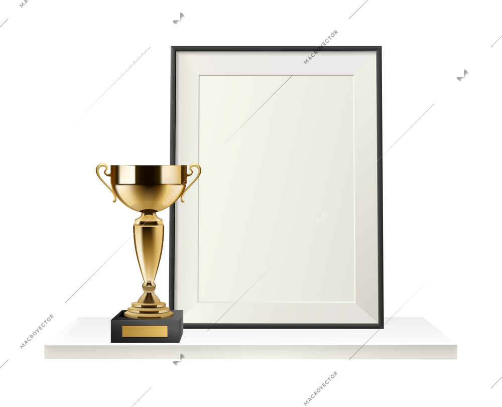 Trophy and frame realistic composition with realistic images of golden cup in front of empty frame vector illustration