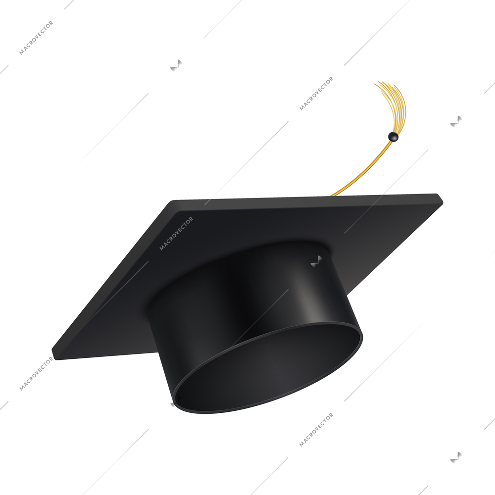 Realistic graduate academic composition with angle view of square academic cap with golden tassel tail vector illustration