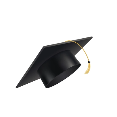 Realistic graduate academic composition with view of black academic hat with square top vector illustration