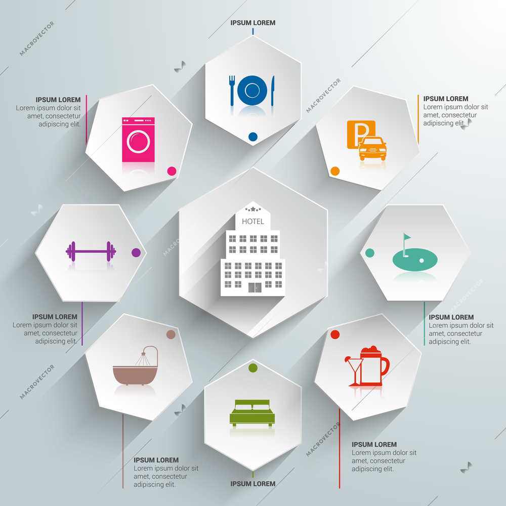 Hotel amenities and room service tourism paper infographic vector illustration