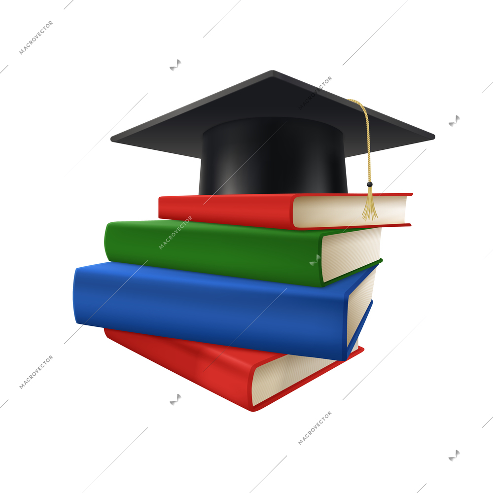 Realistic graduate academic composition with stack of colorful books and square academic cap on top vector illustration