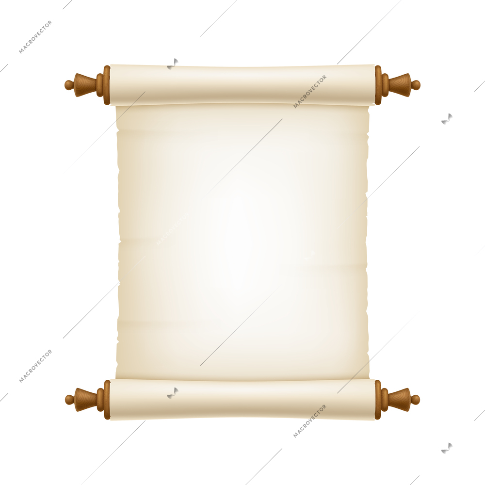 Realistic graduate academic composition with vintage wooden scroll for manuscript with blank paper vector illustration