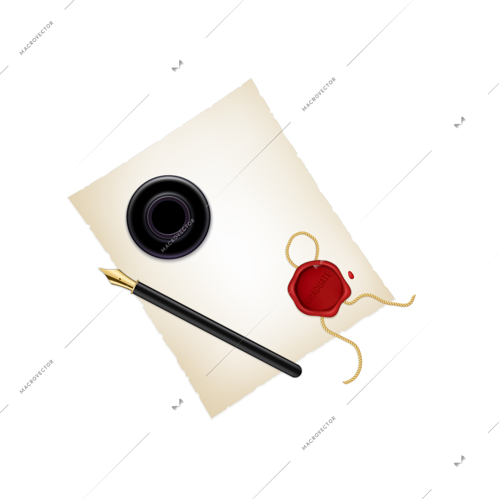 Realistic graduate academic composition with isolated images of vintage paper with pen and sealing wax vector illustration