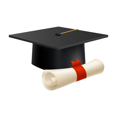 Realistic graduate academic composition with images of paper with red ribbon and square academic hat vector illustration