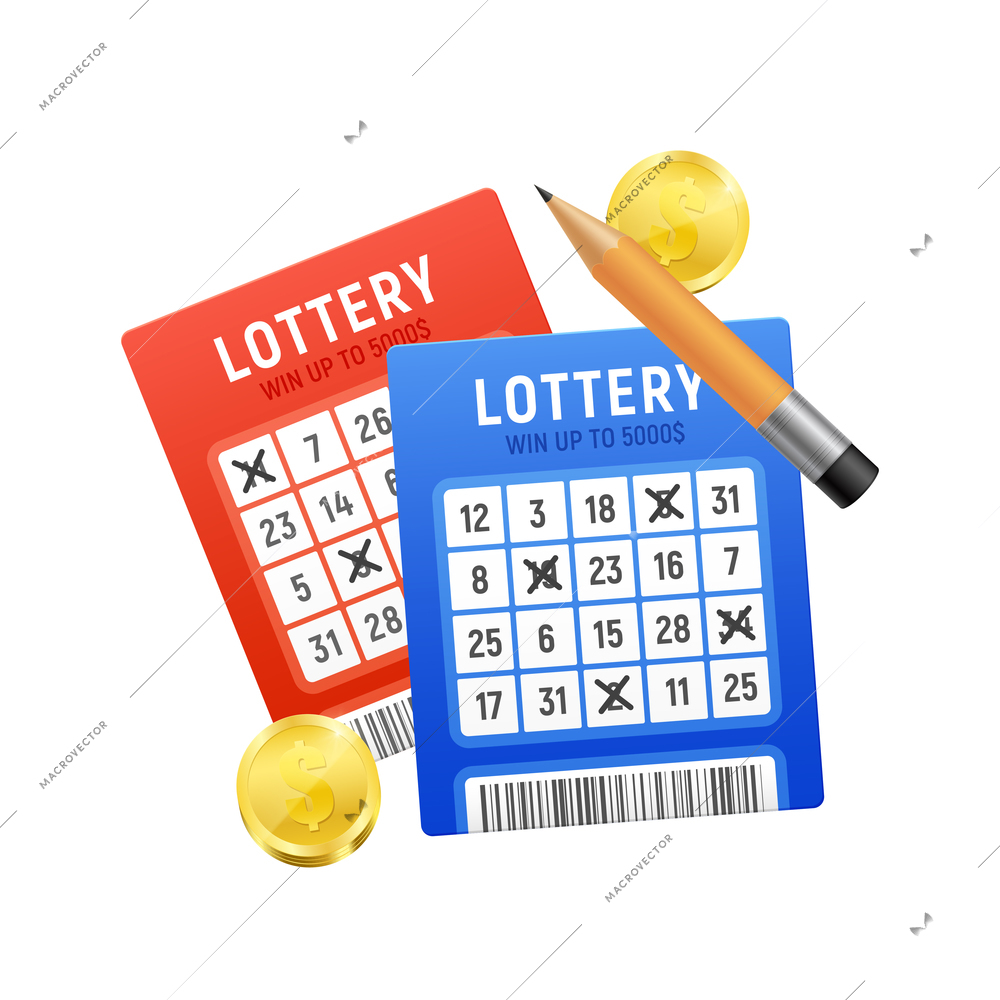 Realistic bingo lottery lotto composition with images of lottery tickets with crossed numbers pencil and coins vector illustration