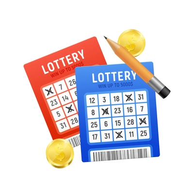 Realistic bingo lottery lotto composition with images of lottery tickets with crossed numbers pencil and coins vector illustration