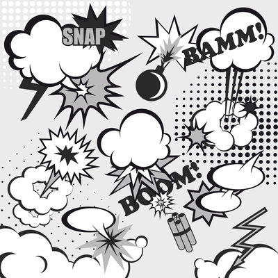 Comic book speech cloud set in gray color with boom snap words vector illustration