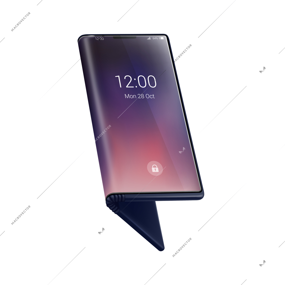 Foldable smartphone realistic concept composition with angle view of half closed folding phone on blank background vector illustration