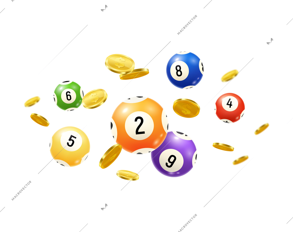 Realistic bingo lottery lotto composition with golden dollar coins and flying balls from drawing machine vector illustration