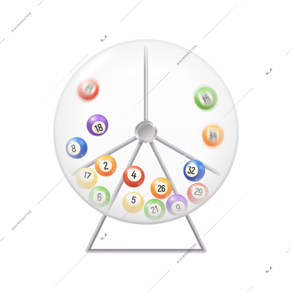 Realistic bingo lottery lotto composition with isolated image of transparent rotating drum with colorful balls vector illustration