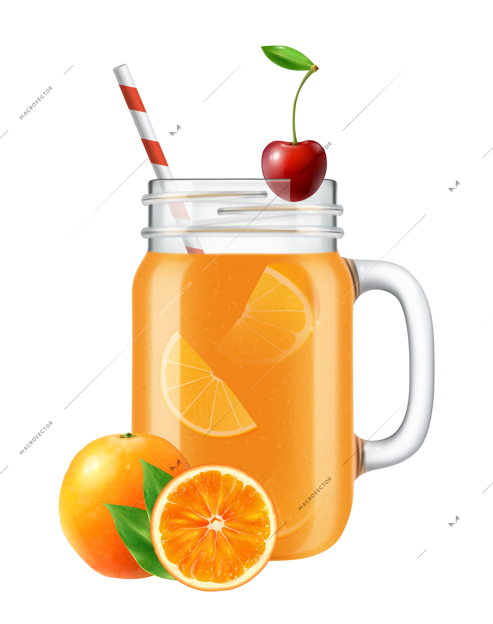 Realistic jar smoothie composition with images of oranges and glass jar with floating slices inside vector illustration