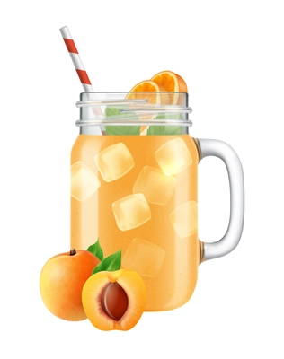 Realistic jar smoothie composition of big glass with ice cubes orange slices with mint and peach fruit vector illustration