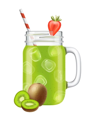 Realistic jar smoothie composition with kiwi fruit slices and glass with nectar ice cubes and strawberry vector illustration