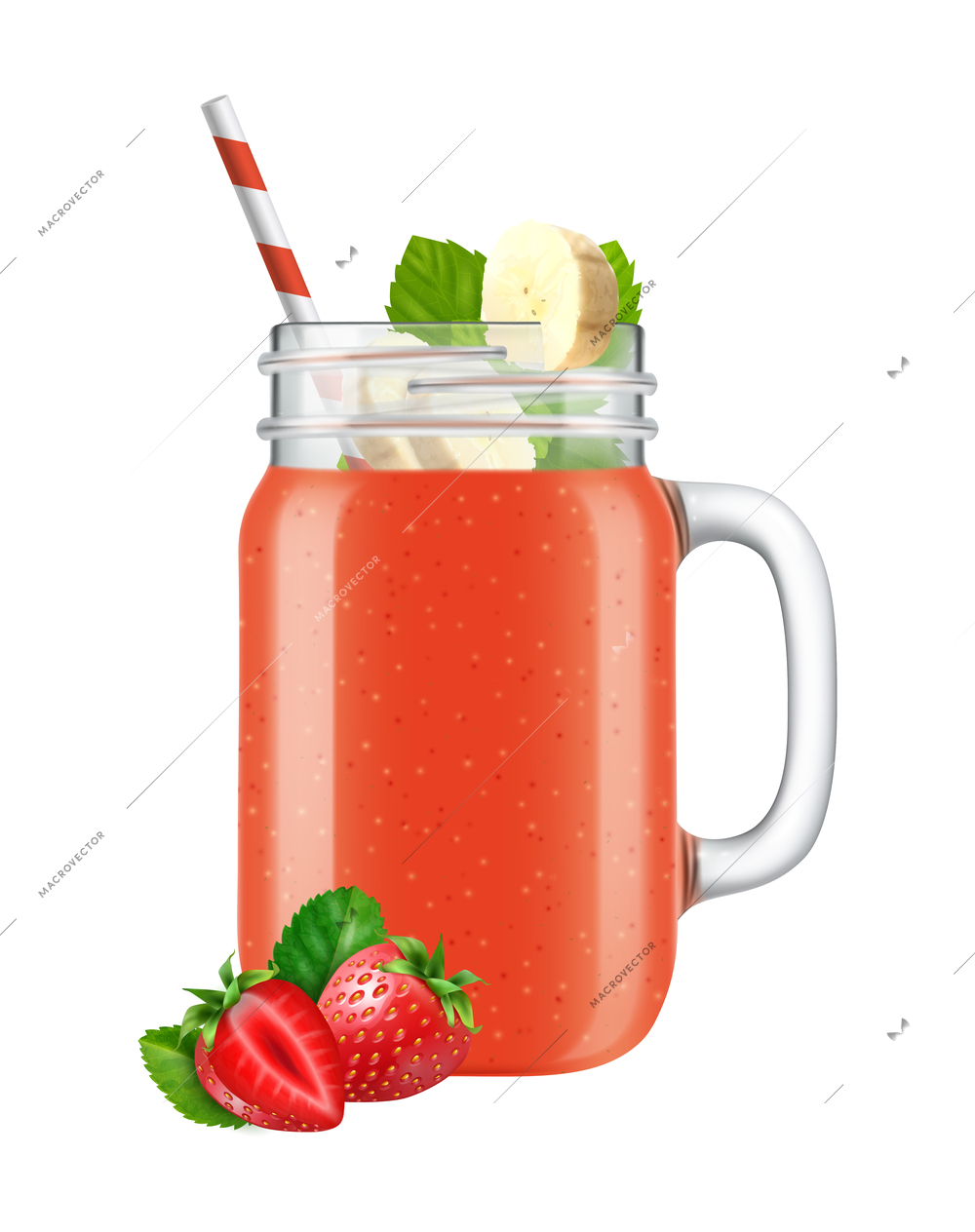 Realistic jar smoothie composition with nectar glass mint with banana and ripe strawberry berries and leaves vector illustration