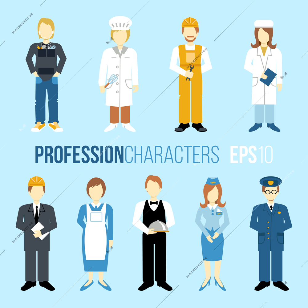 Business people professions cartoon characters set of manager engineer chef cook waitress stewardess isolated vector illustration