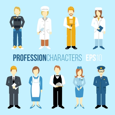 Business people professions cartoon characters set of manager engineer chef cook waitress stewardess isolated vector illustration