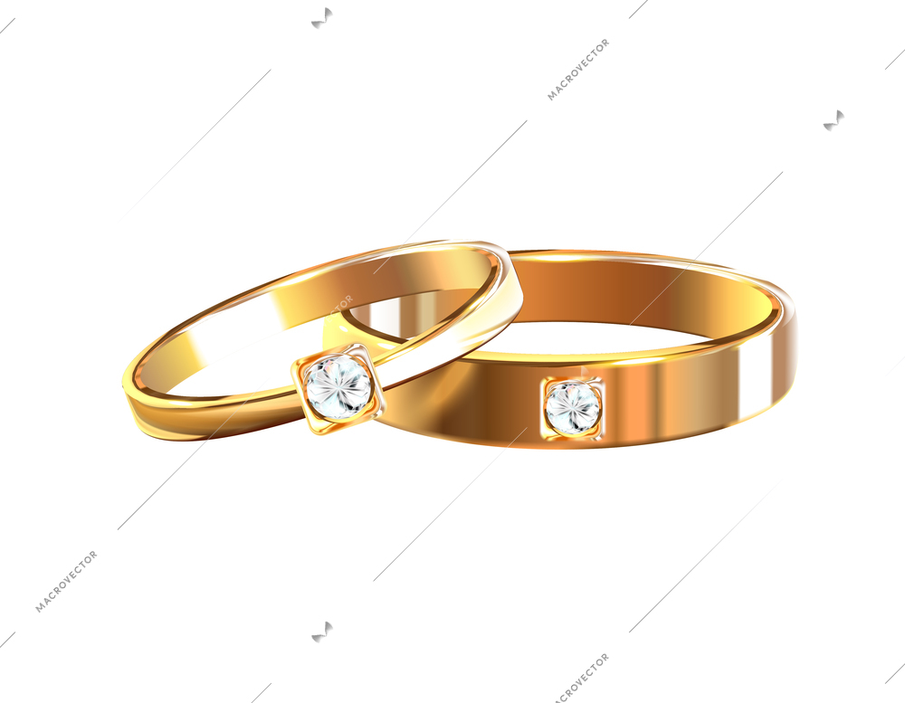 Wedding rings realistic big set composition with pair of golden rings decorated with diamonds vector illustration