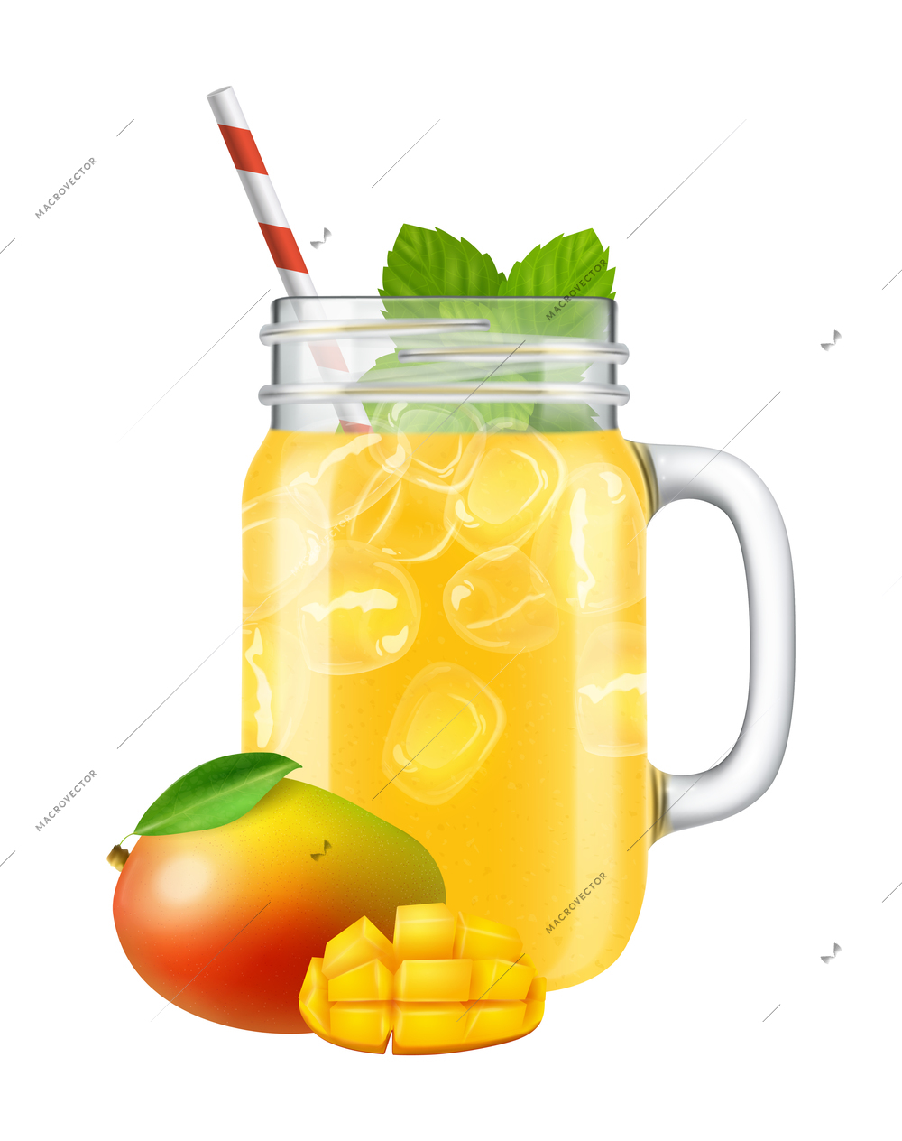 Realistic jar smoothie composition with glass filled with mango nectar with ice cubes mint and fruit vector illustration