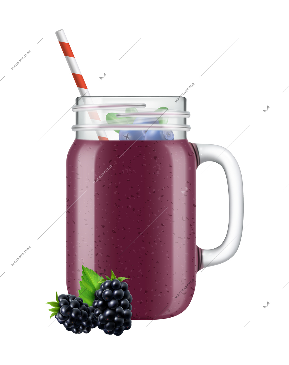 Realistic jar smoothie composition with image ripe blackberry near glass filled with violet nectar vector illustration