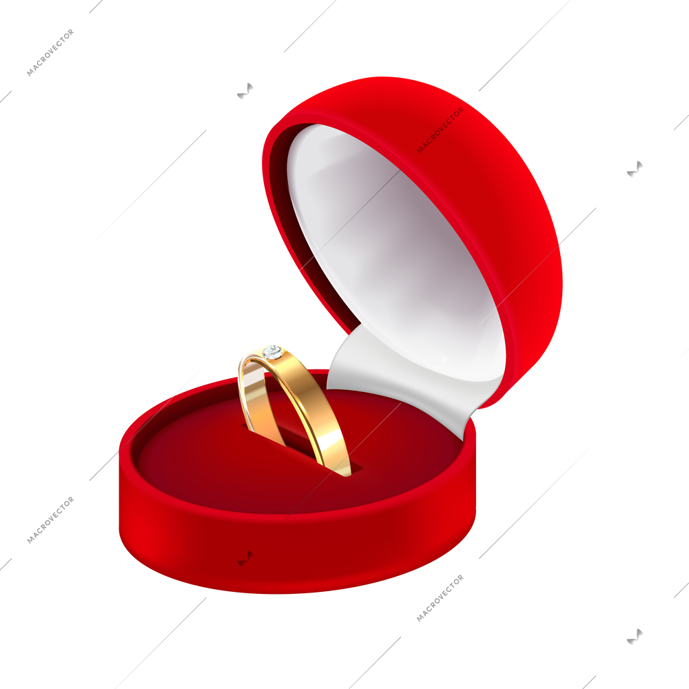 Wedding rings realistic big set composition with golden ring in circle shaped red ring box vector illustration