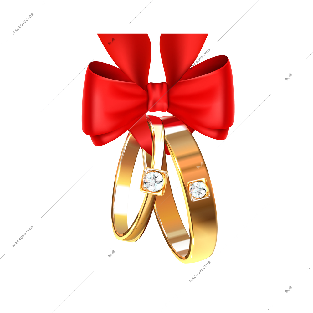 Wedding rings realistic big set isolated composition with pair of rings hanging on red bow ribbon vector illustration