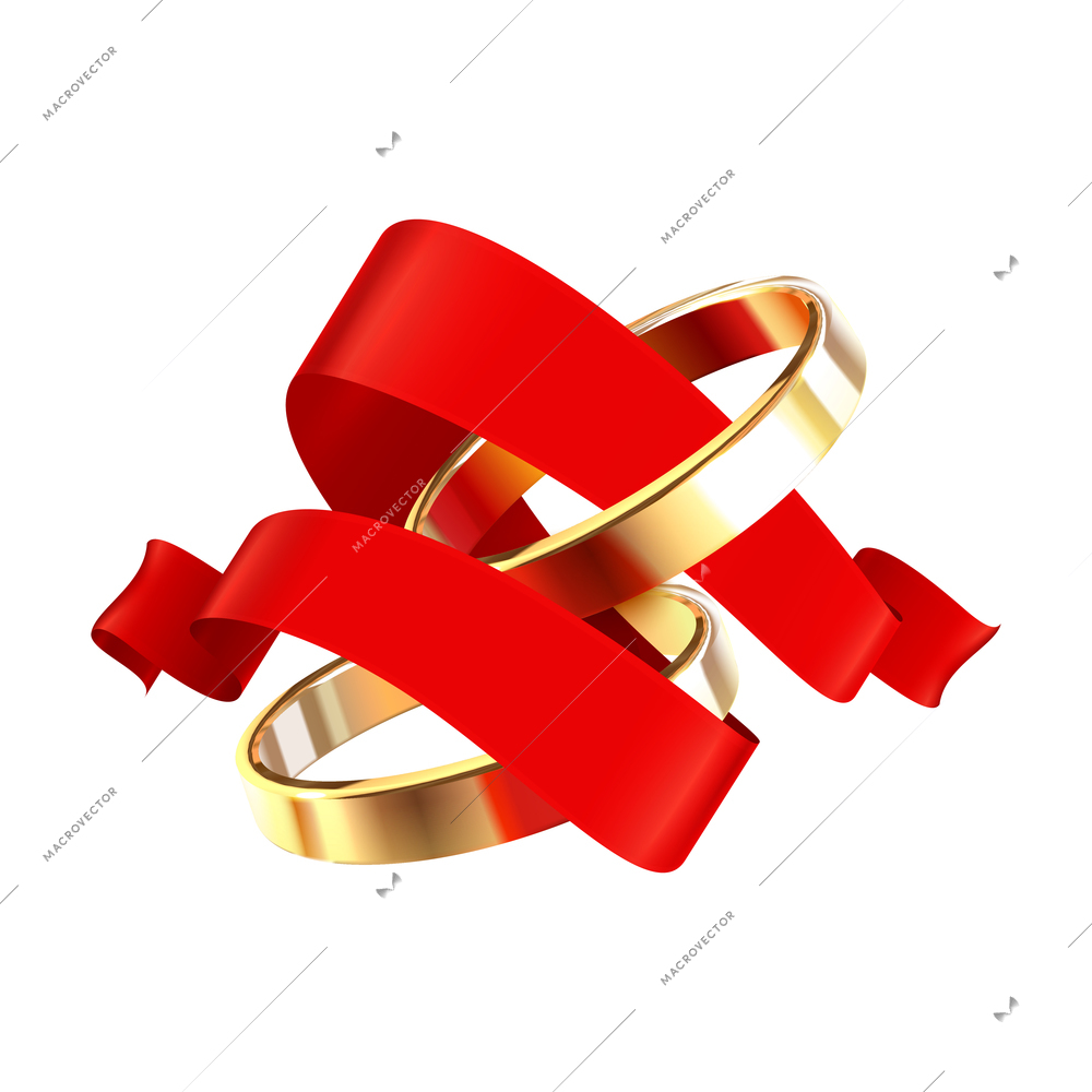 Wedding rings realistic big set composition with festive red ribbon flying through golden rings vector illustration