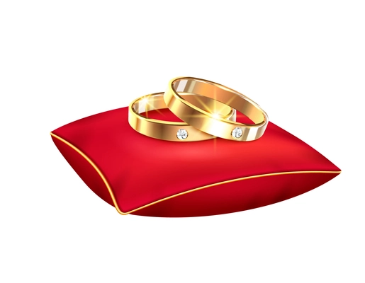 Wedding rings realistic big set composition with isolated image of red pillow with diamond rings vector illustration