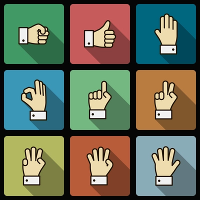Hand gestures UI design elements, squared with long shadows isolated vector illustration