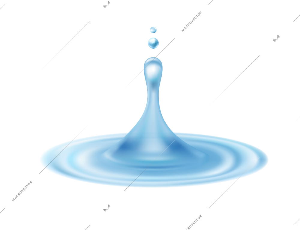 3d realistic water splash set with side view of small droplet plunging into water with ring waves vector illustration