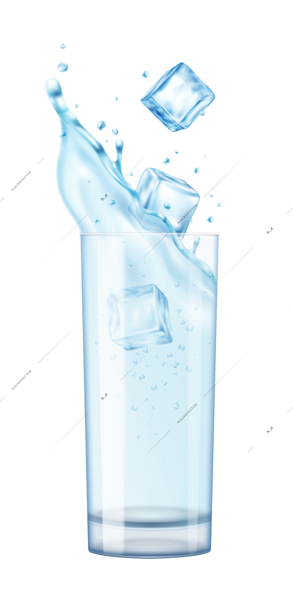 3d realistic water splash set with isolated image of glass with sparkling water and ice cubes vector illustration