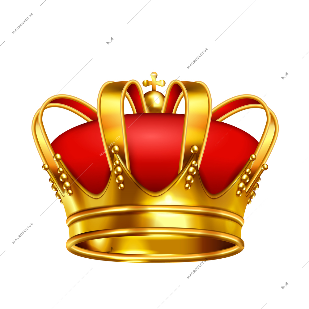 Crowns laurel wreath realistic composition of medieval monarch crown with red pillow and golden cross vector illustration