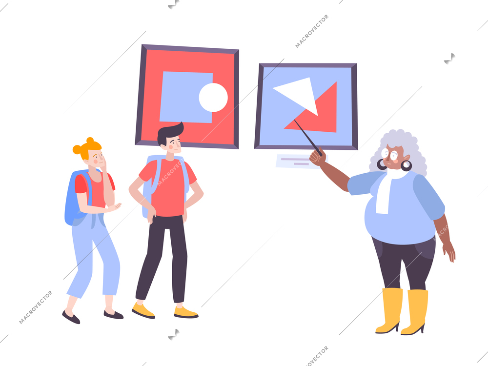 Visual art set flat composition with human characters of guide with gallery visitors and paintings vector illustration