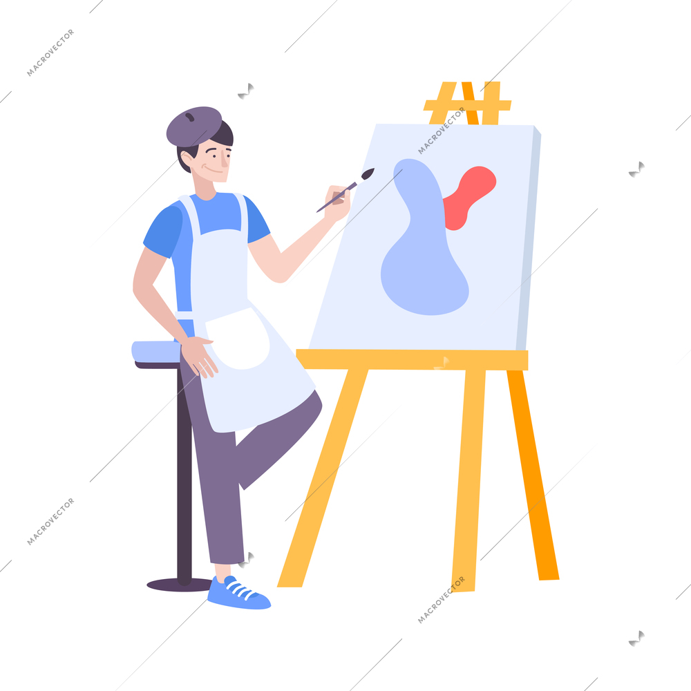 Visual art set flat composition with doodle style character of male painter with brush and drawing easel vector illustration