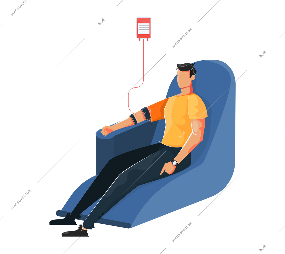 Blood donation flat composition with faceless character of guy sitting on chair donating blood vector illustration