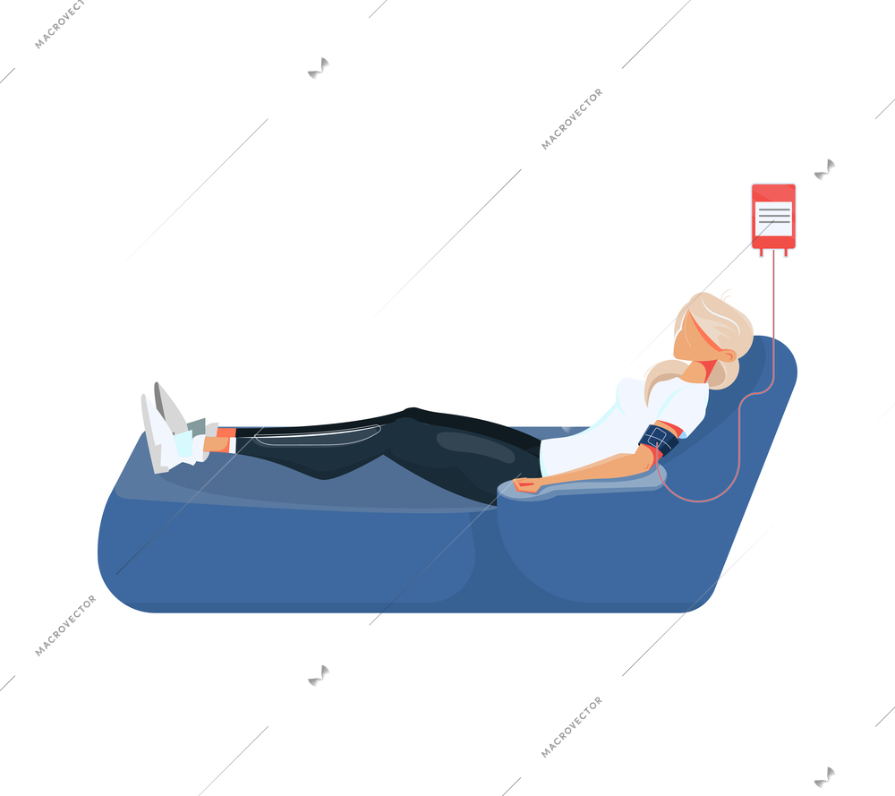 Blood donation flat composition with image of hanging blood container connected to lying woman vector illustration