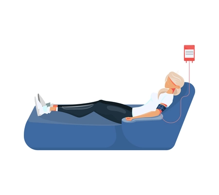 Blood donation flat composition with image of hanging blood container connected to lying woman vector illustration