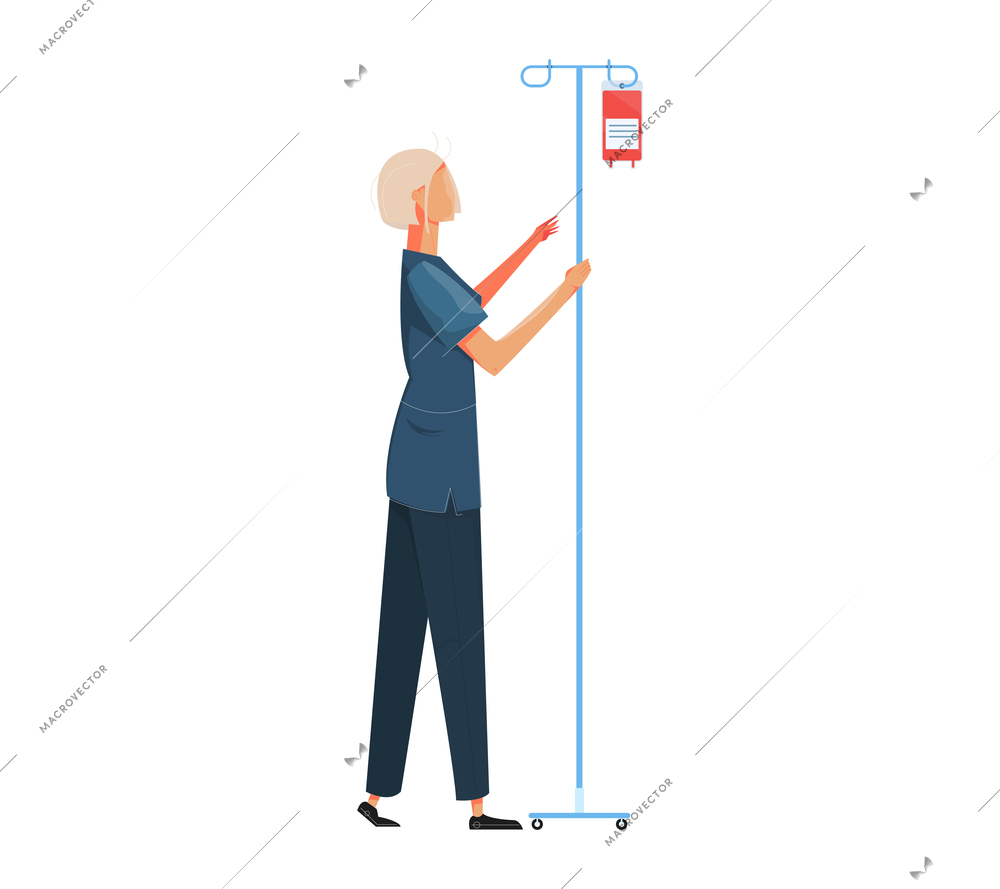 Blood donation flat composition with female character of doctor setting up stand with blood container vector illustration