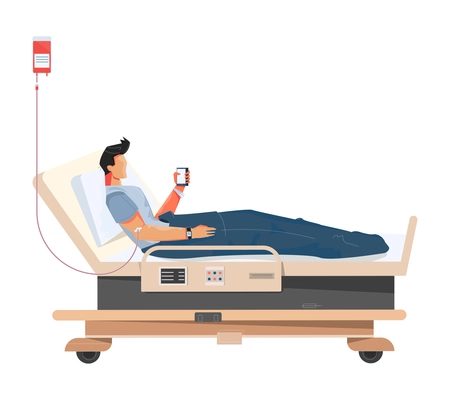 Blood donation flat composition with character of guy with smartphone lying on hospital bed vector illustration